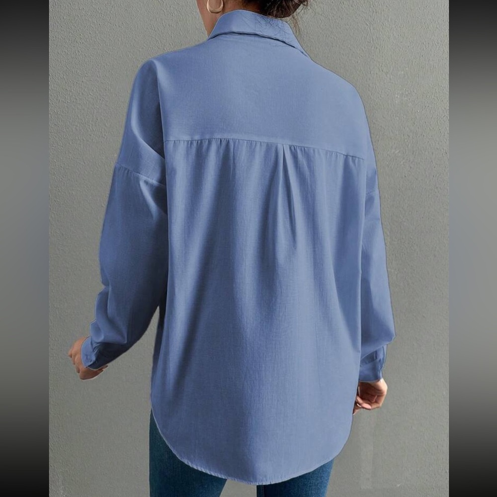 Boho blue eye embroidered button down long sleeve shirt - Picture 3 of 5